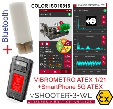 Imagen de sistema ATEX de análisis de vibraciones con acelerómetro triaxial inalámbrico y teléfono ATEX Zona 1/21 para diagnóstico de maquinaria y mantenimiento predictivo en entornos industriales clasificados, disponible a través de Gimatec.