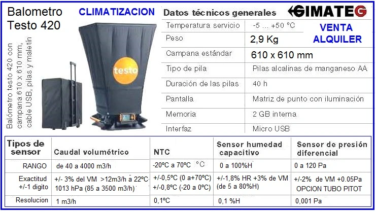 datos tecnicos balometro testo 420 en venta alquiler gimateg