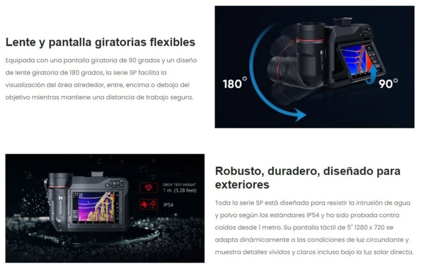 Cámara termográfica HIKMICRO SP120H con lente giratoria 180°, pantalla giratoria 90° y diseño robusto IP54 para inspecciones industriales en exteriores